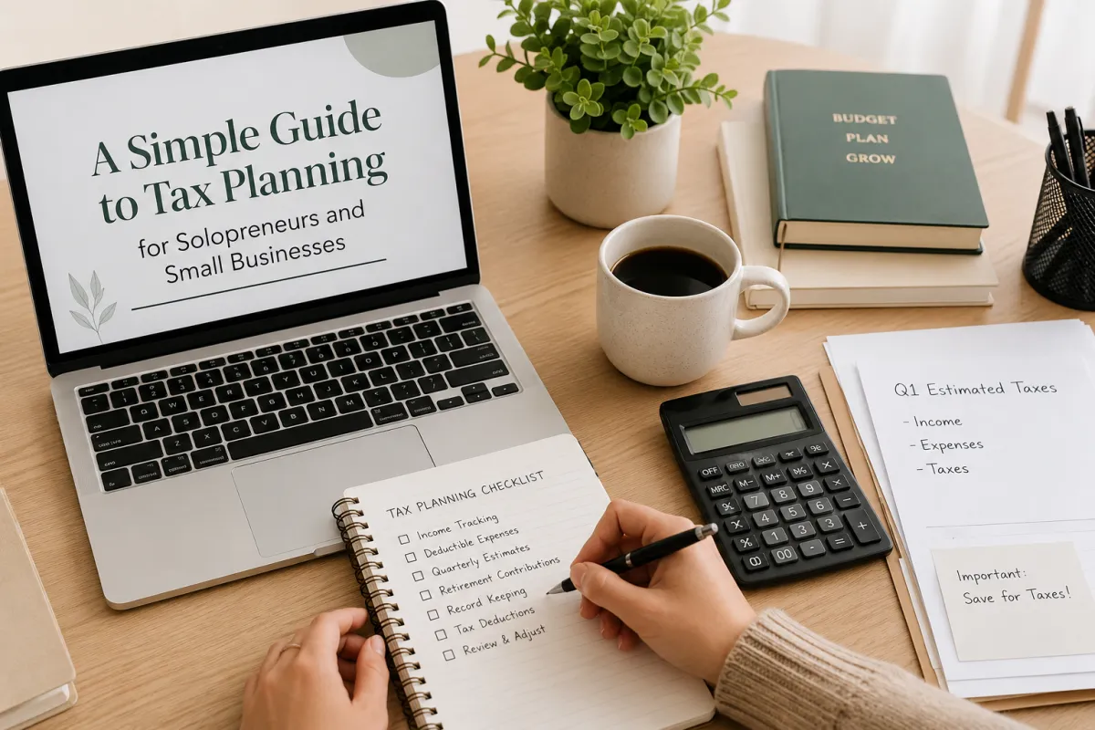 Business owner reviewing financial documents, bookkeeping records, and tax planning notes on a desk with a calculator and laptop.