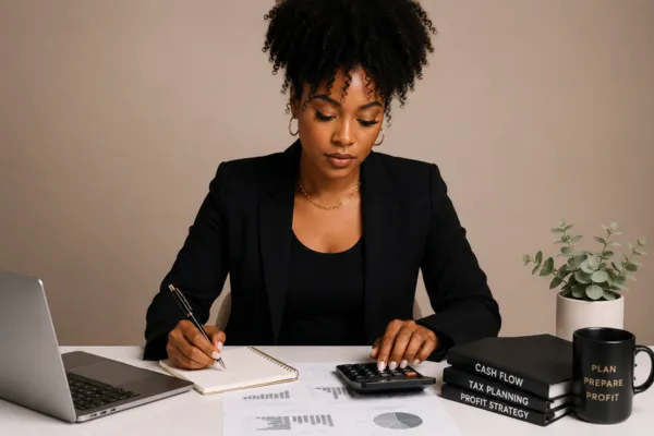 Business owner reviewing financial reports, bookkeeping records, and cash flow charts during a mid-year business planning session.