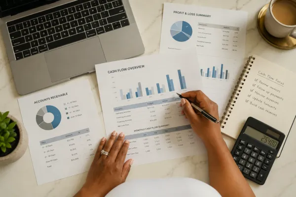 Small business owner reviewing accounting reports, financial statements, calculator, and laptop while analyzing business performance and profitability.