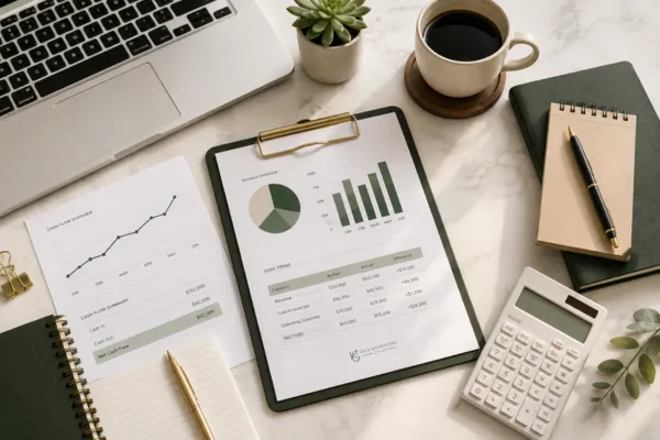 Business owner reviewing financial reports, cash flow, and profit data to build long-term wealth.