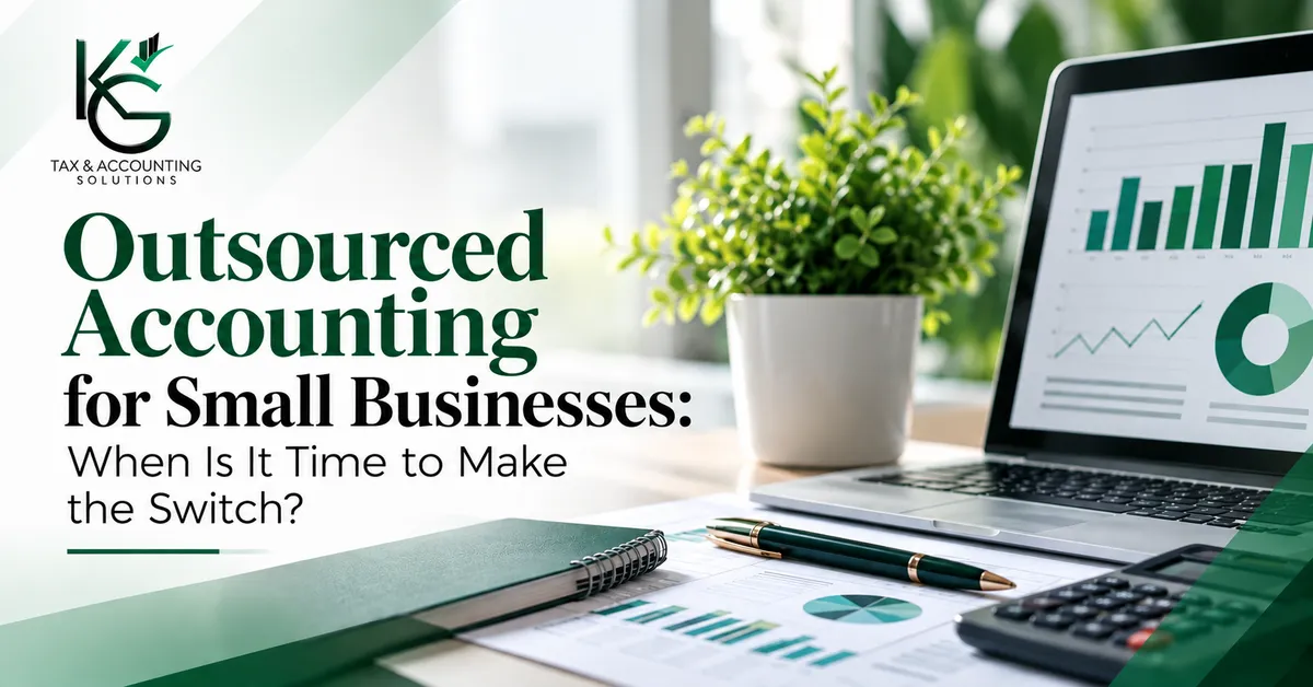 Outsourced accounting for small businesses blog header featuring financial charts, a laptop, and K.G. Tax & Accounting Solutions branding.