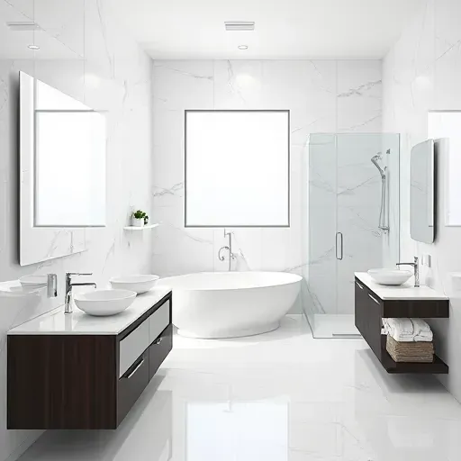 Renovated bathroom in Cypress TX features marble flooring, glass enclosure, freestanding tub, and modern furnishings.