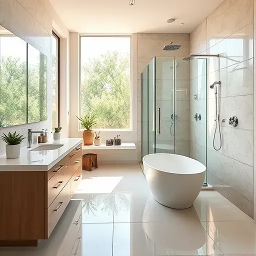 Completed modern bathroom in Spring Branch TX with soaking tub frameless glass shower polished chrome fixtures neutral tones greenery