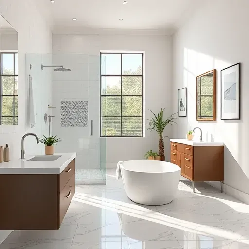 Beautiful renovated Jersey Village TX bathroom with glass shower, freestanding tub, modern vanity, marble floors, natural light