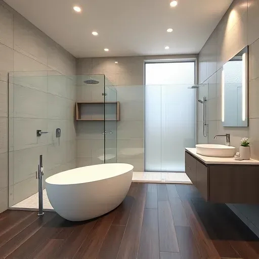 Recently remodeled modern bathroom in Atascocita TX featuring a freestanding tub, walk-in shower, floating vanity, and premium finishes