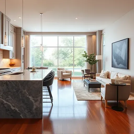 Modern kitchen and living space in Bellaire, TX, showcasing elegant design, high-end finishes, and natural light.