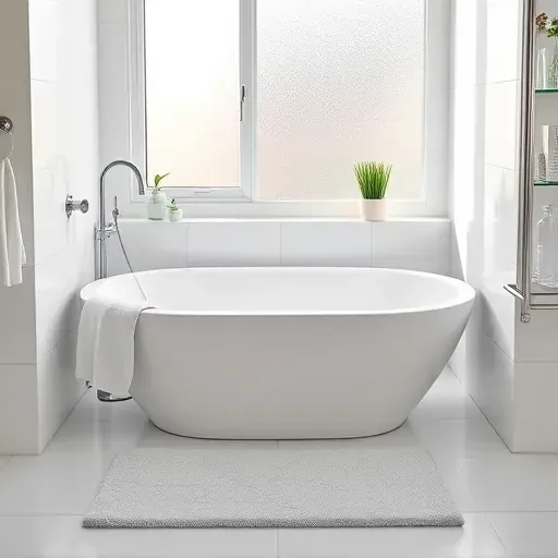 Pristine bathtub in modern bathroom with white tiles chrome fixtures plush mat soap dispensers and potted plant