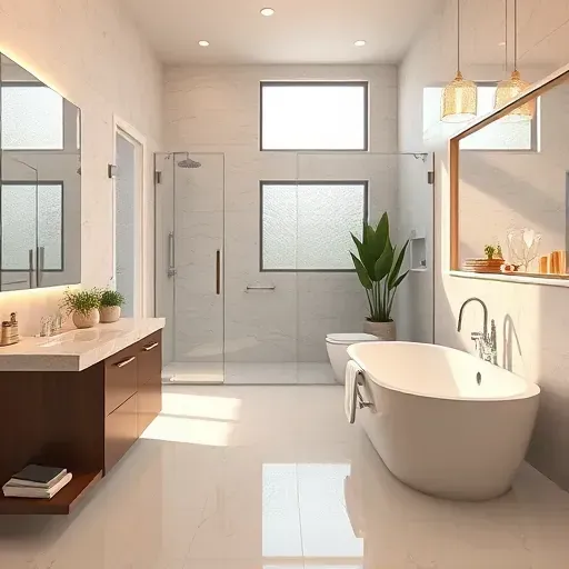 Remodeled Towne Lake bathroom with sleek fixtures, glass shower, freestanding tub, marble floors, and warm lighting