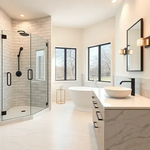 Remodeled Woodbranch TX bathroom with walk-in shower, soaking tub, marble vanity, modern fixtures, and elegant tilework