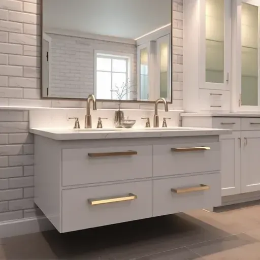 Newly installed modern vanity with marble countertop, undermount sinks, brushed nickel fixtures, and elegant lighting in a stylish bathroom