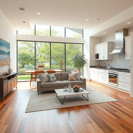 Modern living room in Westheimer Corridor TX featuring hardwood floors, large windows, and stylish decor in serene setting.