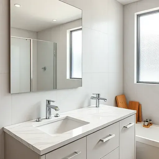Beautiful modern bathroom in Spring Texas with polished marble countertops, minimalist mirror, high-end fixtures, and natural daylight