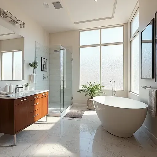 Renovated Tomball Parkway TX bathroom with modern fixtures, walk-in shower, freestanding tub, elegant vanity, and natural light