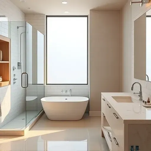 Remodeled bathroom in Porter TX with walk-in shower, freestanding tub, marble vanity, and neutral tones.