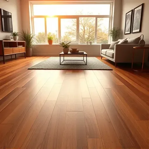 Finished underfloor heating installation under hardwood floor in a modern living room with natural light and minimalist decor