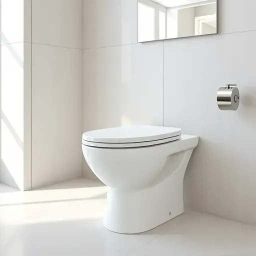 Freshly installed sleek white low-flow toilet in a modern bathroom with polished chrome fixtures, neutral textured walls, and natural light