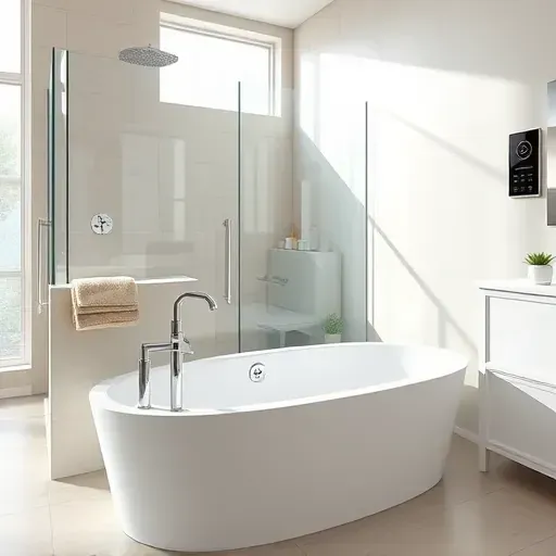 Finished modern bathroom with shower-to-tub conversion, sleek bathtub, glass enclosure, tiled walls, and natural sunlight in Spring TX