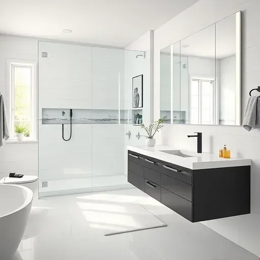Remodeled modern bathroom in Clear Lake TX with white tiles, black fixtures, glass shower, LED mirror, and aquatic decor