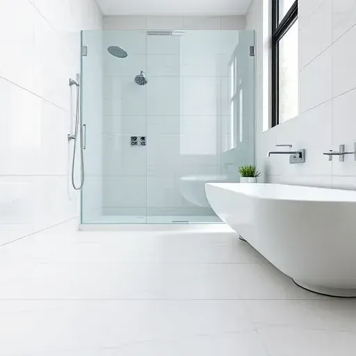 Bright modern spring Texas bathroom with sealed waterproofed walls and floors, sleek fixtures, natural daylight, and pristine tile surfaces