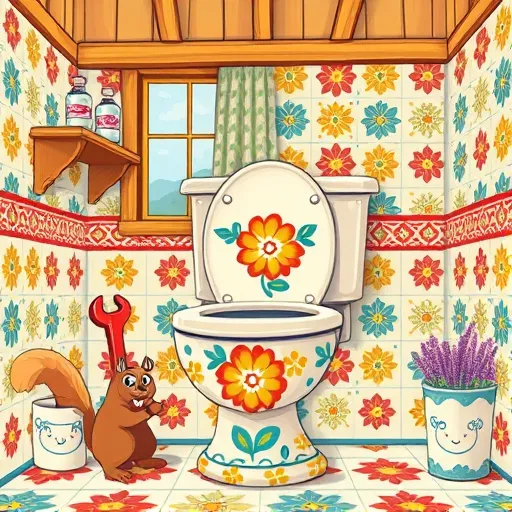 A whimsical FolkArt-style illustration depicting a cozy bathroom scene centered around toilet replacement. The vintage-inspired bathroom features bold, decorative patterns on the tiled walls in vibrant reds, blues, yellows, and greens. A cheerful, cartoonish toilet with intricate floral motifs stands prominently, with its lid lifted to reveal a bright, happy interior. Playful, anthropomorphic tools—including a wrench and plunger with expressive eyes—are animated as if actively assisting in the replacement. A tiny squirrel dressed as a carpenter, wearing a small apron and holding a miniature wrench, perches on a shelf, adding humor and charm. Nearby, a smiling roll of toilet paper peeks out from a holder, and colorful bathroom accessories such as bubbly soap bottles and a vintage floral mirror complete the scene. Warm wooden beams and a sunlit window cast a welcoming glow, enhancing the friendly, upbeat atmosphere. The artwork’s bold outlines and decorative details embody a handcrafted folk art aesthetic, emphasizing a fun, DIY bathroom upgrade filled with personality and joy.