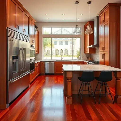 Modern kitchen remodel in North Houston featuring stainless steel appliances, marble countertops, and polished hardwood floors.