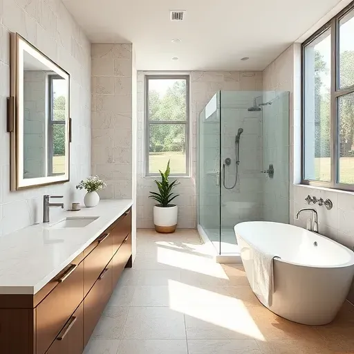 Recently remodeled upscale bathroom in Pearland TX with marble countertops glass shower freestanding tub natural light and modern fixtures