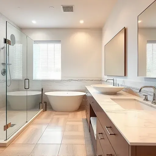 Modern remodeled Houston bathroom with marble countertops, chrome fixtures, glass shower, soaking tub, and elegant lighting
