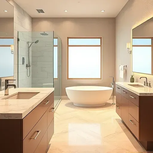 Renovated Hedwig Village bathroom with marble countertops, chrome fixtures, walk-in glass shower, freestanding tub, and travertine floors