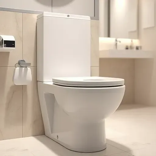 Freshly installed modern toilet in a clean bright bathroom with polished surfaces, chrome fixtures, neutral tiles, and ambient lighting