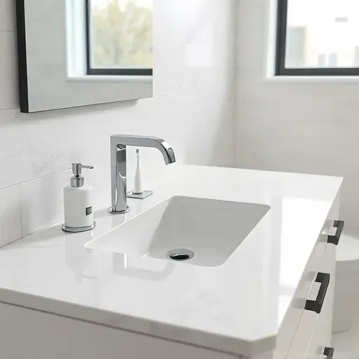 Bright renovated bathroom countertop in Spring TX with white marble, modern chrome fixtures, and natural lighting.