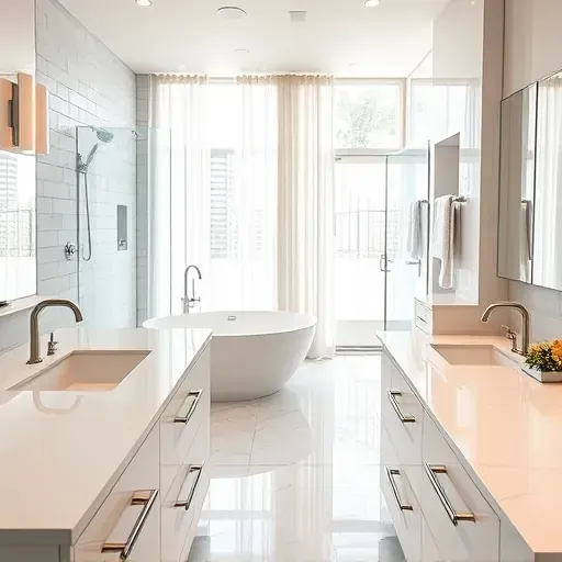 Remodeled Spring TX bathroom with modern fixtures, walk-in shower, soaking tub, and airy windows. Soft neutral tones enhance elegance.