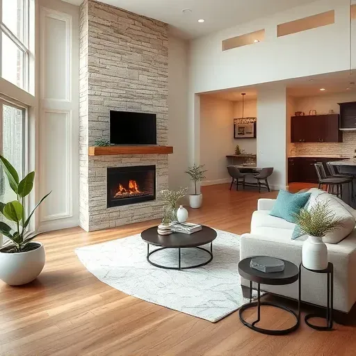 Home remodeling project in Houston featuring a modern living room with wooden floors, fireplace, and stylish decor.