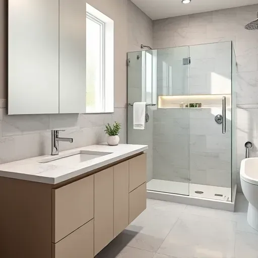 Remodeled modern bathroom in Porter Texas with chrome fixtures, frameless shower, marble countertop, and elegant tile design