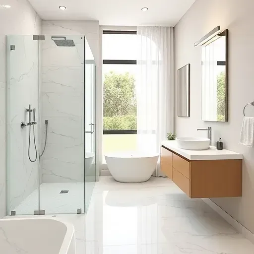 Beautiful renovated Bridgeland TX bathroom with walk-in shower, modern fixtures, marble tiles, floating vanity, and natural light