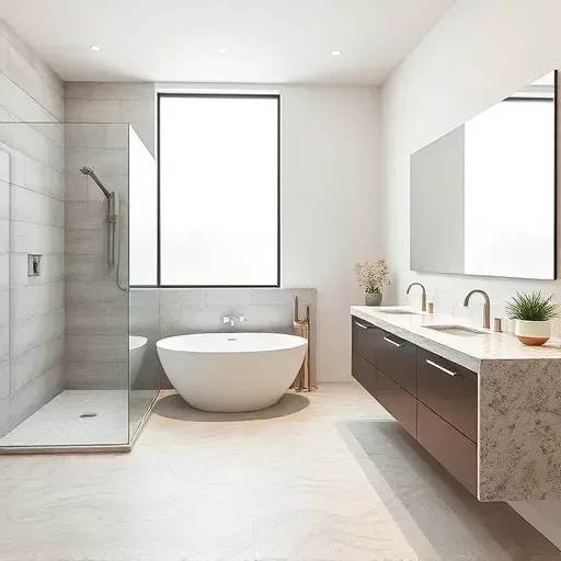 Recently remodeled stylish bathroom in Tomball TX with a walk-in shower, freestanding tub, granite vanity, and elegant tile flooring