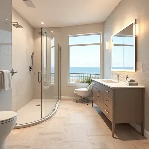 Remodeled Clear Lake TX bathroom with modern fixtures, walk-in shower, ceramic tiles, stylish vanity, and coastal views