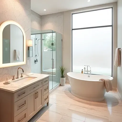 Recently remodeled luxurious Hunters Creek Village bathroom with frameless glass shower soaking tub marble vanity neutral tiles and natural light