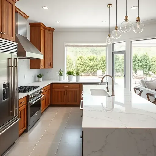 Modern kitchen remodel in Clear Lake TX featuring stainless steel appliances, marble countertops, and natural light.