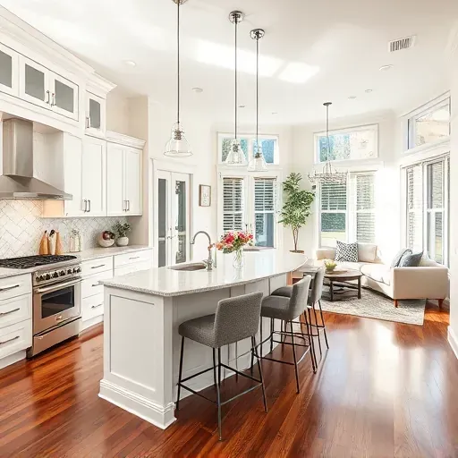 Modern kitchen and living area in Missouri City with white cabinetry, granite countertops and hardwood floors.