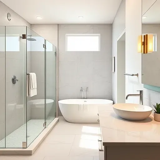 Beautiful renovated bathroom in Richmond TX with modern chrome fixtures, marble countertops, walk-in shower, and freestanding tub