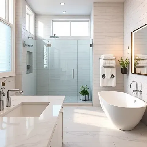 Renovated Jersey Village TX bathroom with marble countertops glass shower tub chrome hardware lush towels and elegant decor