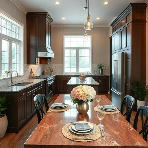 Modern Pinehurst TX kitchen featuring dark wood cabinets, granite countertops, stainless steel fixtures, and ample natural light.