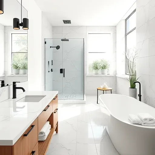 Beautiful modern Kingwood bathroom with marble countertops, glass shower, soaking tub, stylish storage, and natural light