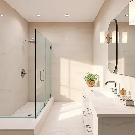Beautiful renovated bathroom with modern fixtures, glass shower, marble countertops, warm tones, chrome accents, and organized vanity