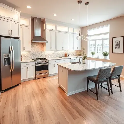 Modern kitchen remodel in Porter, TX featuring sleek white cabinetry, granite island, stainless appliances, and elegant design.