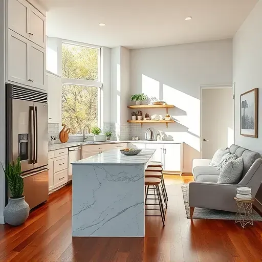 Modern Richmond TX kitchen remodel with sleek appliances, marble countertops, hardwood floors, and natural light.