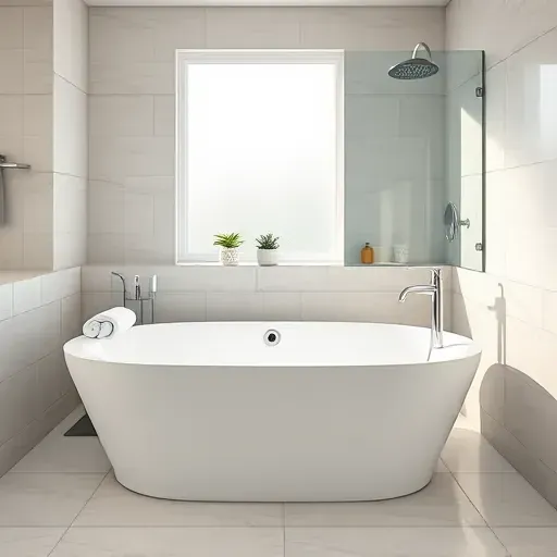 Pristine white bathtub with chrome fixtures in a modern bright bathroom featuring elegant tiles and natural light