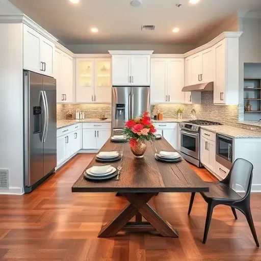 Modern kitchen remodel in Magnolia TX, featuring white cabinets, gray tile backsplash, quartz countertops, and hardwood floors.