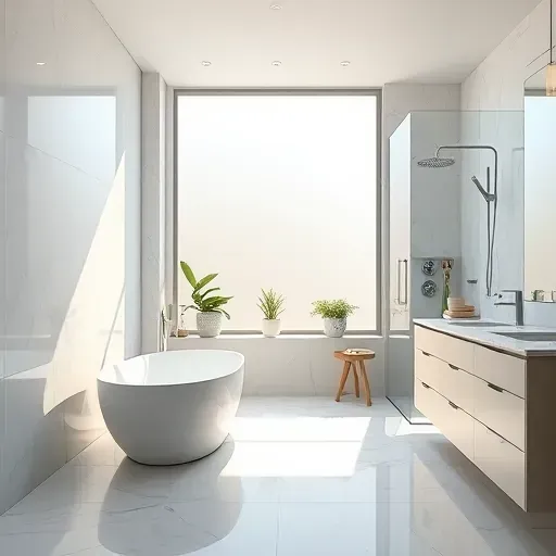 Modern bathroom remodel in Spring TX with marble floors, freestanding tub, and elegant chrome fixtures. Bright and inviting.