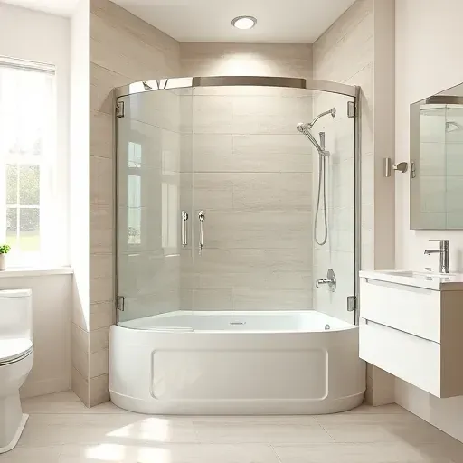 Recently renovated bathtub into modern shower with glass doors, chrome fixtures, neutral tiles, and bright lighting.